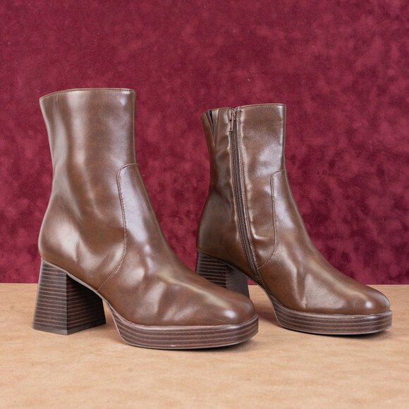 BP Women Vegan Brown Leather Platform Block Heel Ankle Fashion Boots sz 9 - Picture 1 of 8
